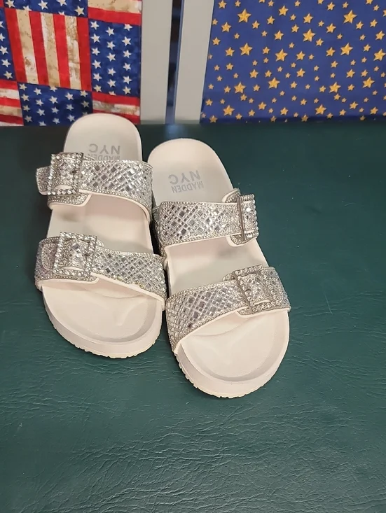 **Girls' Silver Sparkle Dual-Buckle Slide Sandals** - Picture 1 of 7